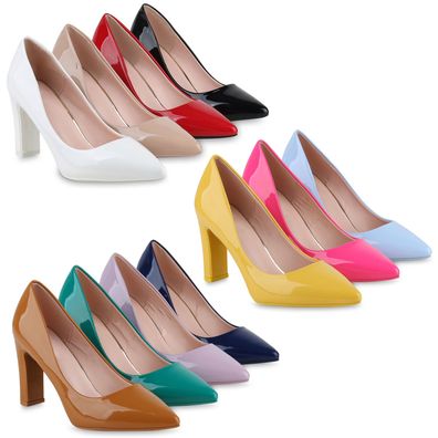 VAN HILL Damen Spitze Pumps Blockabsatz High Heels Elegante Abendschuhe