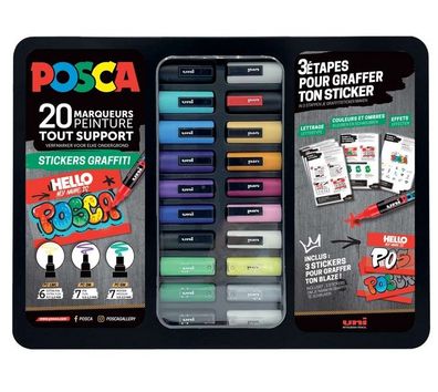 UNI POSCA Acrylmarker Set „Stickers Graffiti“t, 20 Marker im Metalletui