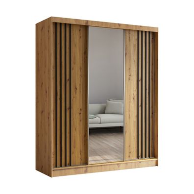 Kleiderschrank Neli 180cm, mit Lamellen Spiegel, Schiebetüren Schwebetürenschrank