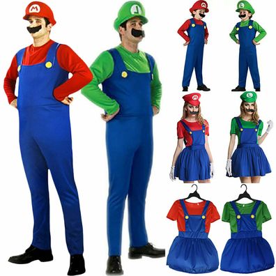 Herren Damen Super Mario Luigi Overall Karneval Jumpsuit Kostum Fasching Party
