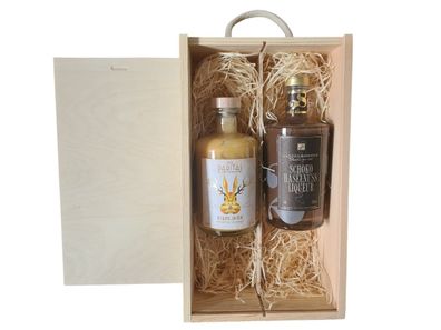 Geschenkset Holzbox mit Tragekordel dazu Raritas Eierlikör und Schoko-Haselnuss