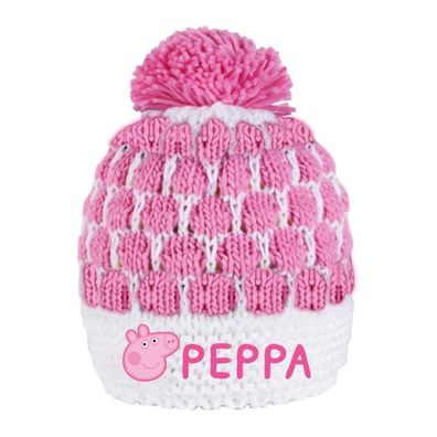 Warme Peppa Pig Strickmütze mit Bommel / Pompons, Bommelmütze, Größen 52, oder 54