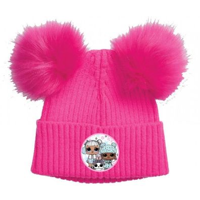 L.O.L. Surprise Strickmütze mit Bommeln / Pompons, Bommelmütze, pink mit Aufnäher