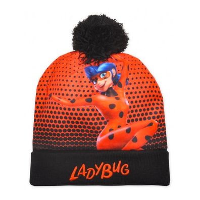 Kinder-Wintermütze mit Bommel, Ladybug Motiv, Rot/Schwarz, Gr. 52/54, außen Polyes