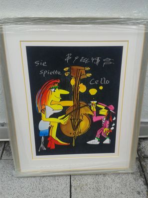 Original Siebdruck Udo Lindenberg Sie spielte Cello Blatt 42x56, erahmt 80x64 handsig
