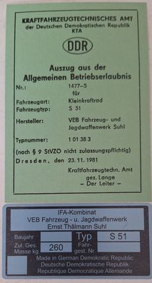 Simson S51 Datenblatt Betriebserlaubnis ABE und Typenschild