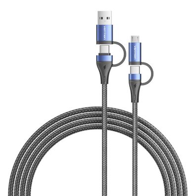 4 in 1 Ladekabel USB 2.0 Kabel mit 3 Anschlüssen (2x USB-C, micro-USB, USB-A) in