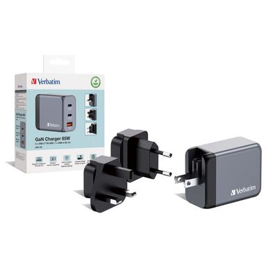 GaN-Ladegerät 65W, 1x USB-A , 2x USB-C (grau, PD 3.0, QC 3.0)