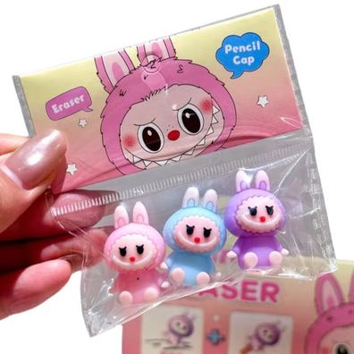 Labubu Radiergummi-Set - 3-teiliges Mäppchen-Design für Kinder