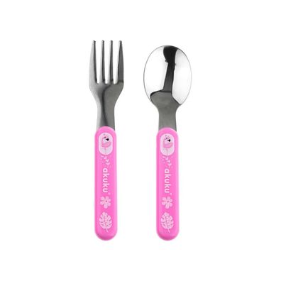 Kinder-Edelstahl-Löffel und -Gabel Akuku rosa