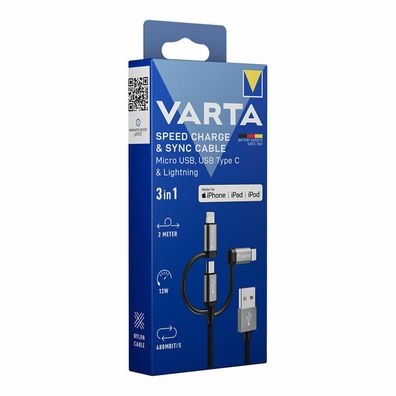 Varta Kabel Speed Charge & Sync USB A to Micro/C/Light. 2 M