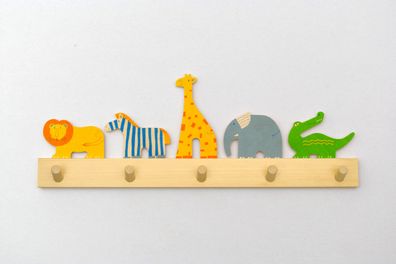 Kinder-Garderobe "Zootiere" 5 Haken 50cm Holz, Kinderzimmer Heller 328