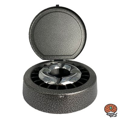 Aschenbecher mit Glutlöscher und Deckel grau/schwarz marmoriert, 14 cm