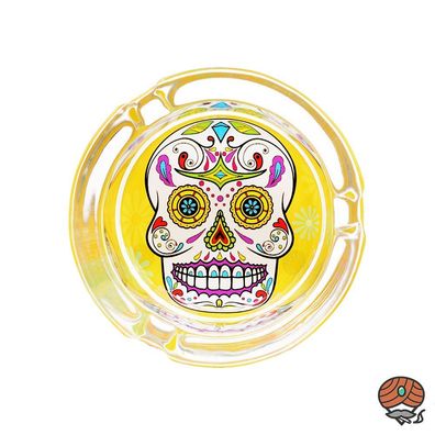 Glas-Aschenbecher La Catrina, Ø 8,5 cm, GELB, gelbe Augen, Totenkopf-Design