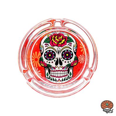 Glas-Aschenbecher La Catrina, Ø 8,5 cm, ROT, lila Augen, Totenkopf-Design