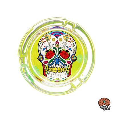 Glas-Aschenbecher La Catrina, Ø 8,5 cm, Hellgrün, rote Augen, Totenkopf-Design