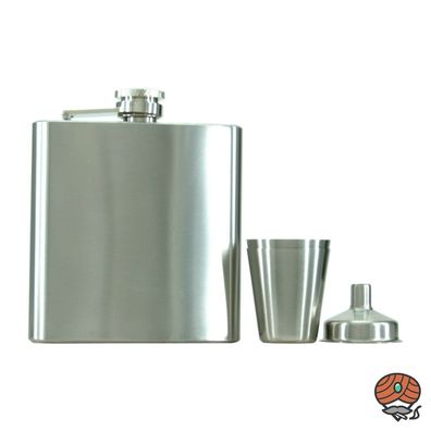 Atomic Flachmann 180 ml, gebürsteter Edelstahl, Set 4teilig, Trichter, 2 Becher