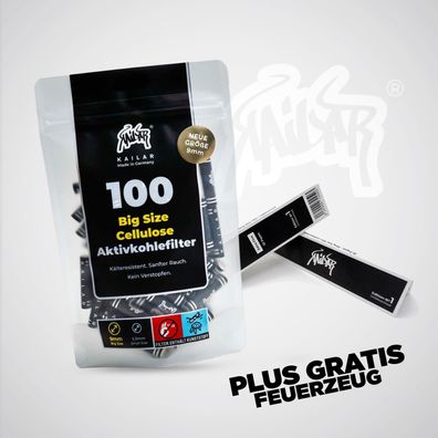 100x KAILAR Big Size Cellulose Aktivkohlefilter Ø 9mm + 2x Papers + Feuerzeug