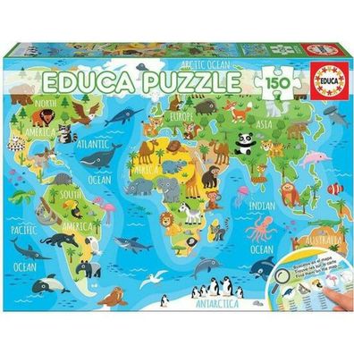 Educa 18115, Weltkarte mit Tieren, 150 Teile Puzzle für Kinder
