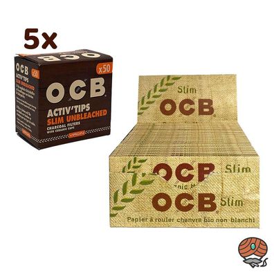 OCB Nature SET: OCB Organic Slim Papers + 5 x Activ Tips Unbleached