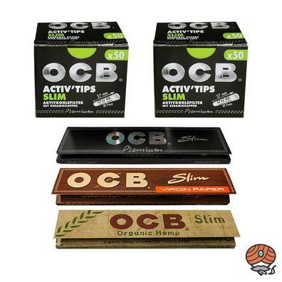 OCB SET: 2x Activ Tips SLIM Aktivkohlefilter + 3 OCB Long Papers Slim Geschenkt