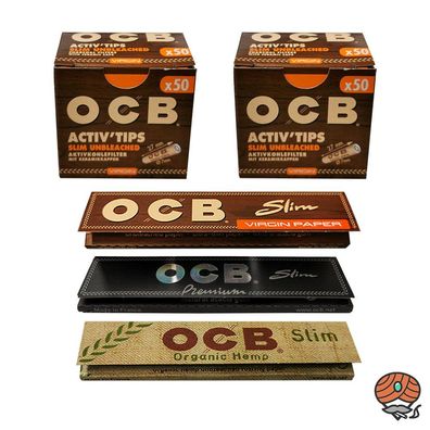 OCB SET: 2x Activ Tips Unbleached Aktivkohlefilter + 3 OCB Long Papers Slim