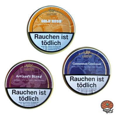 ASHTON Pfeifentabak Pobierset mit nicht aromatisiertem Tabak 3x 50g Dose