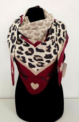 Blogger XXL Dreieckstuch Tuch Dreieckschal Animalprint/Herzen Weinrot/Beige/Taupe