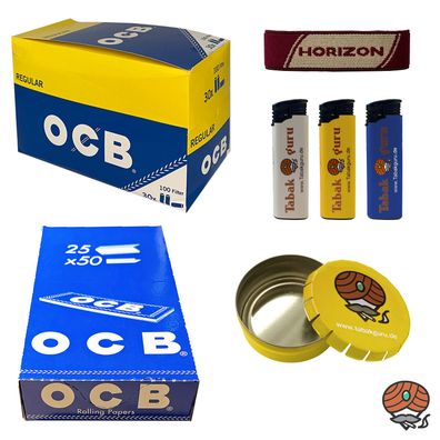 OCB Regular Filter + OCB blau Papers + 3 Feuerzeuge + Taschenascher + Pouch-Band