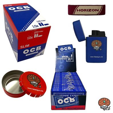 OCB blau Papers Doppel-Hefte + Slim Filter, Sturmfeuerzeug, Ascher, Pouch-Band