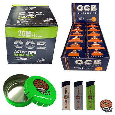 OCB Ultimate Slim Rolls Papier+ OCB Activ Tips Filter, Feuerzeuge, Taschenascher