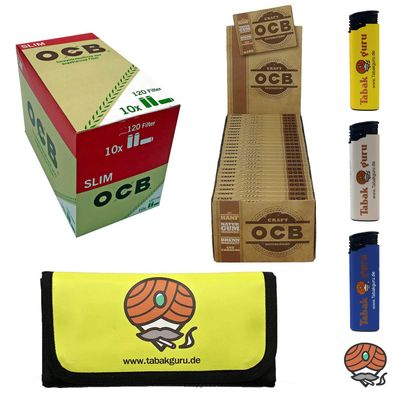 OCB Craft Blättchen ungebleicht + Organic Slim Filter + Feuerzeuge + Tabaktasche