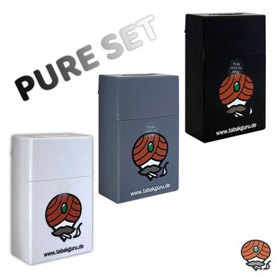 3x Sprungdeckel Zigarettenbox, PURE SET Tabakguru Motiv: Schwarz, Weiß, Grau