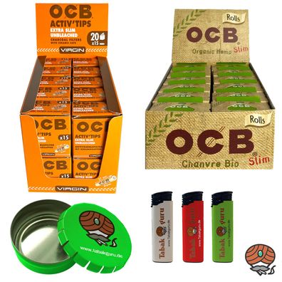 OCB Activ Tips Unbleached + Hemp Rolls + 3 Feuerzeuge + Taschen-Ascher