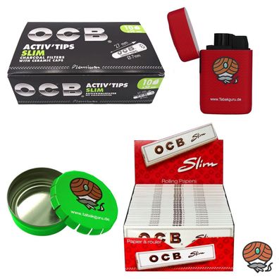 OCB Weiß Long Slim Papers + Activ Tips Filter, Sturmfeuerzeug, Taschen-Ascher