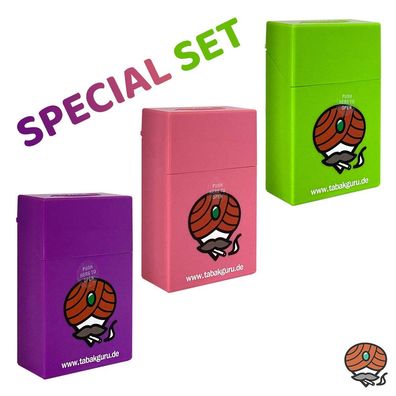 3x Sprungdeckel Zigarettenbox, Special SET Tabakguru Motiv: Lila, Rosa Apfelgrün