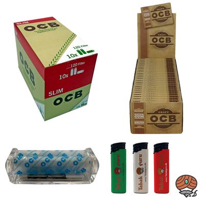 OCB Organic Slim Filter + Blättchen ungebleicht + Crystal Roller + Feuerzeuge