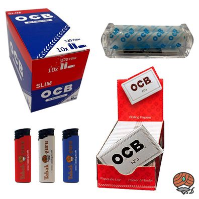 OCB Blättchen Nr 4 weiß kurz + Slim Filter 6mm, OCB Cristal Roller, Feuerzeuge