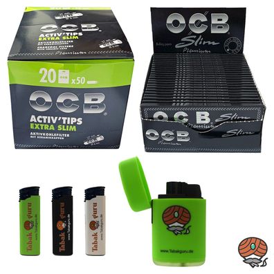 OCB Schwarz Premium Long Paper + Activ Tips Extra Slim Filter, Sturmfeuerzeug