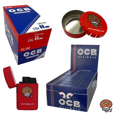 OCB Slim Filter + Ultimate Zigarettenpapier kurz, Sturmfeuerzeug, Aschenbecher