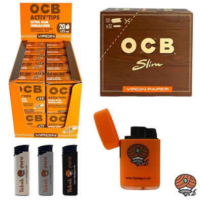 OCB Unbleached Slim Paper + Activ Tips Extra Slim + Sturm Feuerzeug + Feuerzeuge