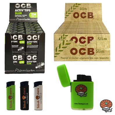 OCB Organic Hemp Slim Paper + Activ Tips Slim Filter, Sturmfeuerzeug, Feuerzeuge