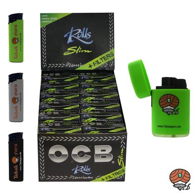 OCB Premium Rolls Slim Zigarettenpapier + Tips + Sturmfeuerzeug + 3 Feuerzeuge
