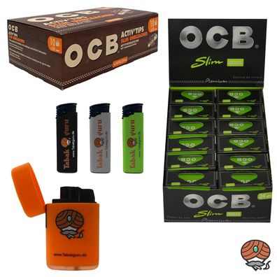 OCB Activ Tips Slim + Premium Rolls Slim Paper + Sturmfeuerzeug + 3 Feuerzeuge