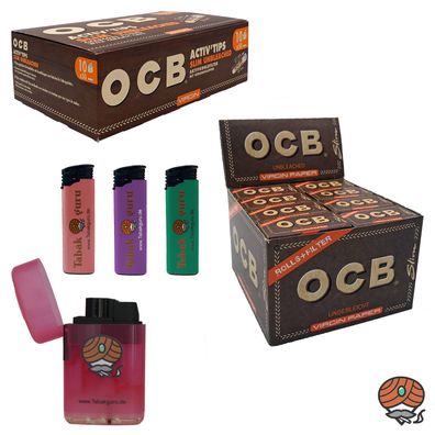 OCB Activ Tips Slim + Unbleached Rolls Slim Paper, Sturmfeuerzeug, Feuerzeuge
