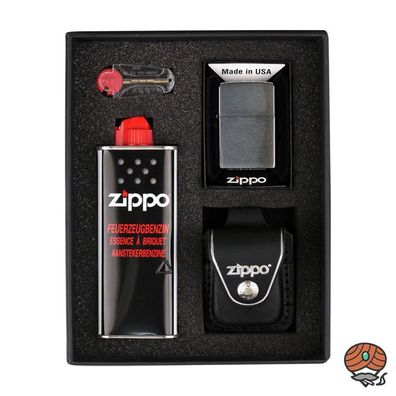 Zippo Geschenk Set, mit Ledertasche schwarz Schlaufe, Feuerzeugbenzin + Steine