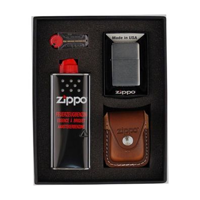 Zippo Geschenk Set, Chrom, Feuerzeugbenzin + Feuersteine, Ledertasche braun/clip