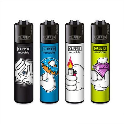Clipper Reibradfeuerzeuge Cartoon HANDS #3, 4 Stück