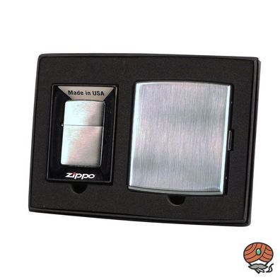 Zippo Geschenk Set Chrome gebürstet + Zigarettenetui mit Messing Bügel