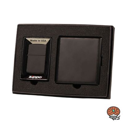 Zippo Geschenk Set Black Matte + Black Matte Etui mit Messing Bügel